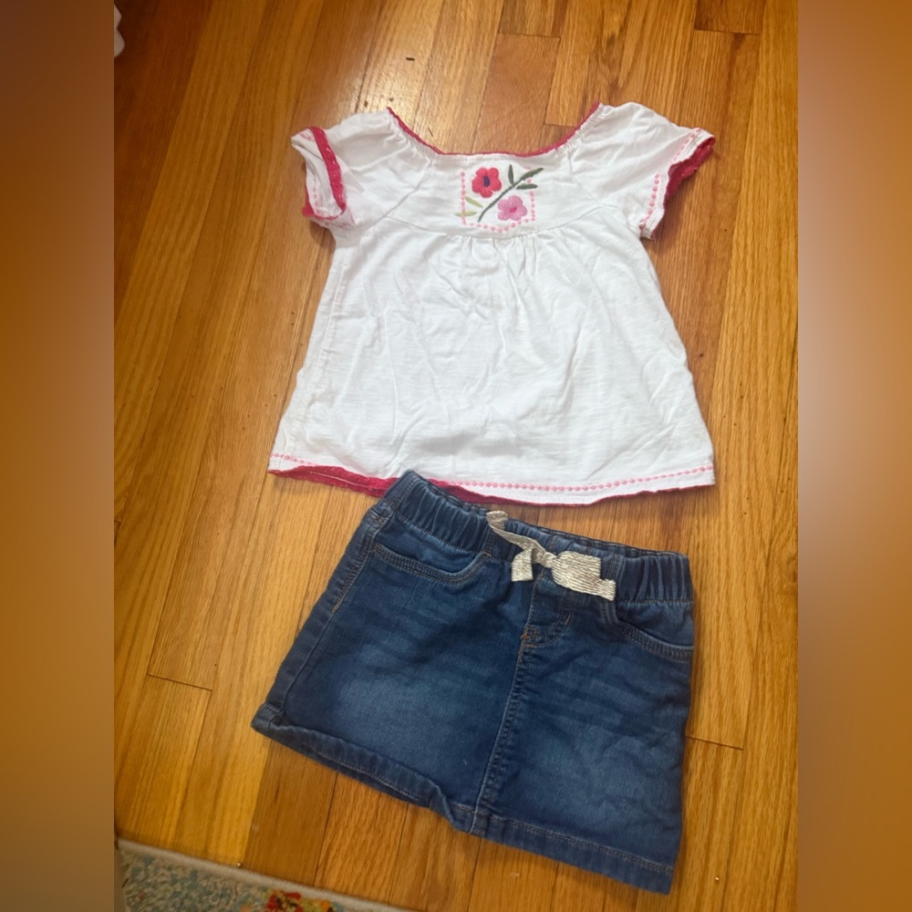 24m Girl’s OshKosh B'gosh Jean skirt White and Pink Floral Tee Genuine Kids